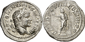 (216 d.C.). Caracalla. Denario. (Spink 6829 var) (S. 348) (RIC. 280c). 3,58 g. MBC+.