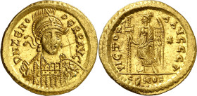 (476-491 d.C.). Zenón. Constantinopla. Sólido. (Spink 21514) (Ratto 277) (RIC. 929). Dos rayitas en forma de aspa en anverso. 4,48 g. (EBC-).