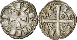 Pere I (1196-1213). Barcelona. Diner. (Cru.V.S. 300) (Cru.C.G. 2109). Ligeras oxidaciones superficiales. Bella pátina. 1,14 g. EBC.
