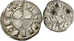 Pere I (1196-1213). Barcelona. Diner y òbol. (Cru.V.S. 300 y 301) (Cru.C.G. 2109 y 2110). 2 monedas. Ex Áureo 22/09/1997, nº 440. EBC-/EBC.
