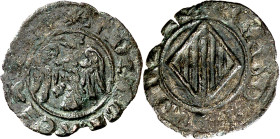 Pere II (1276-1285). Sicília. Diner. (Cru.V.S. 330) (Cru.C.G. 2147) (MIR. 177). Encapsulada. Leyendas poco visibles. Rara. 0,37 g. MBC.