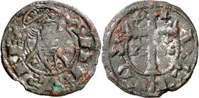 Alfonso VIII (1158-1214). Toledo. Dinero. (AB. 29 var, como Alfonso I de Aragón) (M.M. A8:11.3 var). Mínimas incrustaciones. Muy rara. 0,89 g. MBC+.