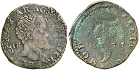 1577. Felipe II. Nápoles. GR. 1 tornese. (Vti. 258 var) (MIR. 190 var). Busto radiado a derecha, detrás GR. Ex Colección Princesa de Éboli 20/10/2016,...