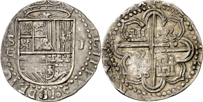 s/d. Felipe II. Sevilla. en forma de . 1 real. (AC. 258). El valor en forma de J...
