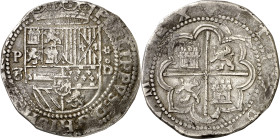 s/d. Felipe II. Lima. D. 8 reales. (AC. 655). Variante con el 8 del valor abierto. Rara. 27,23 g. MBC+.