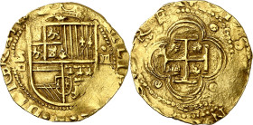 s/d. Felipe II. Sevilla. . 4 escudos. (AC. 887). Doble acuñación del escudo. Acuñación algo floja en pequeña zona. 13,43 g. MBC.