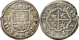 1607. Felipe III. Segovia. C. 1 real. (AC. 516). Pequeño defecto de acuñación en canto. Bonito color. Escasa. 2,95 g. MBC.