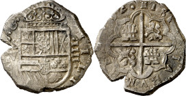 (1)614. Felipe III. Sevilla. V. 4 reales. (AC. 815). El 4 de la fecha al revés. Atractiva. Parte de brillo original. Rara. 13,70 g. MBC+.