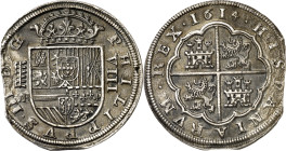 1614. Felipe III. Segovia. AR. 8 reales. (AC. 946). Final de riel. Oxidación. 25,57 g. (MBC+).