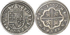1652/1. Felipe IV. Segovia. BR. 2 reales. (AC. 963.1). Concreciones en reverso. Rara. 5,91 g. MBC+.