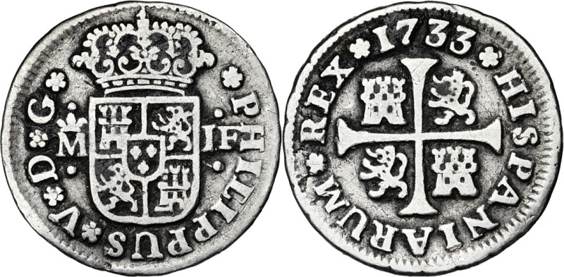 1733. Felipe V. Madrid. JF. 1/2 real. (AC. 183). Golpecitos. 1,33 g. MBC-.