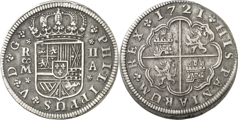 1721. Felipe V. Madrid. A. 2 reales. (AC. 774). 5,68 g. MBC+.