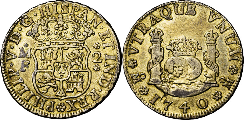 1740. Felipe V. México. MF. 2 reales. (AC. 824). Sirvió como joya. Sobredorada. ...