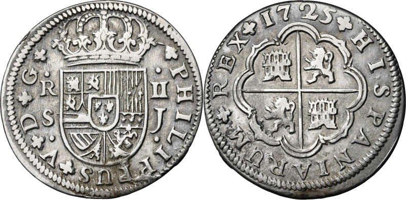 1725. Felipe V. Sevilla. J. 2 reales. (AC. 983). 5,22 g. MBC-.