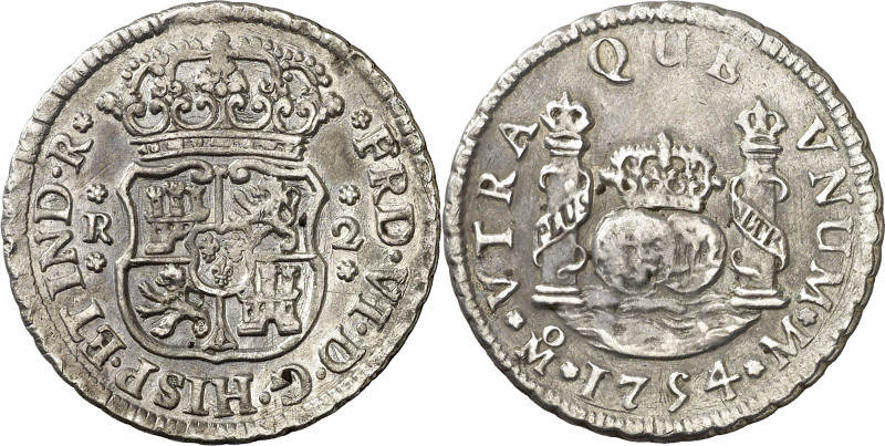 1754. Fernando VI. México. M. 2 reales. (AC. 295). Columnario. Limpiada. 6,41 g....