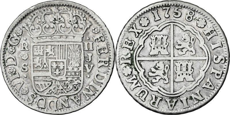 1758. Fernando VI. Sevilla. JV. 2 reales. (AC. 343). 5,78 g. MBC-.