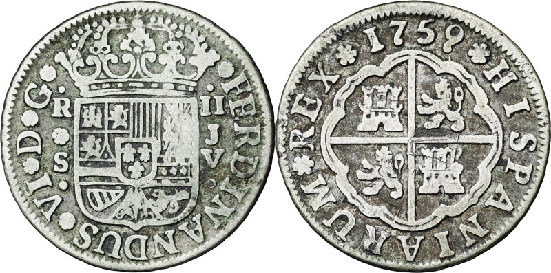 1759. Fernando VI. Sevilla. JV. 2 reales. (AC. 344). 5,64 g. BC+/MBC-.