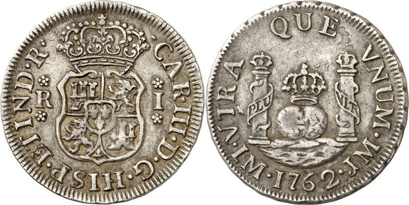 1762. Carlos III. Lima. JM. 1 real. (AC. 345). Columnario. 3,33 g. MBC+/MBC.