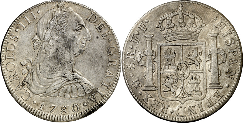 1780. Carlos III. México. FF. 8 reales. (AC. 1120). Rayas por limpieza. Parte de...