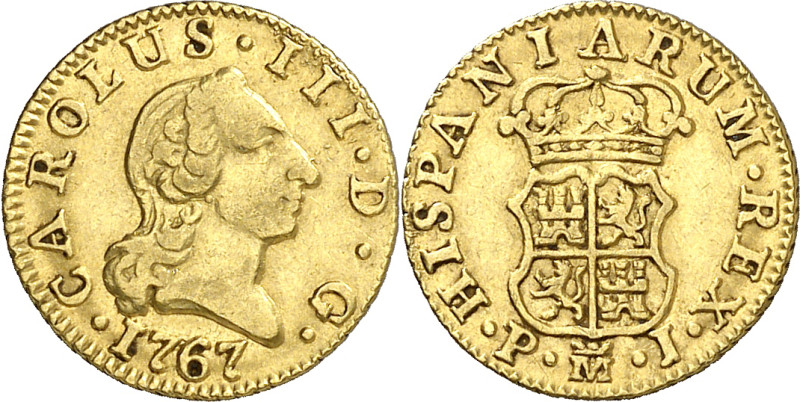 1767. Carlos III. Madrid. PJ. 1/2 escudo. (AC. 1251). 1,74 g. MBC-/MBC.