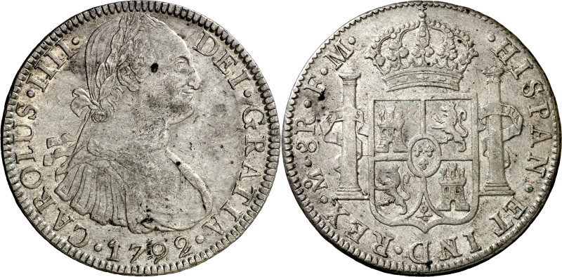 1792. Carlos IV. México. FM. 8 reales. (AC. 954). Parte de brillo original. 26,8...