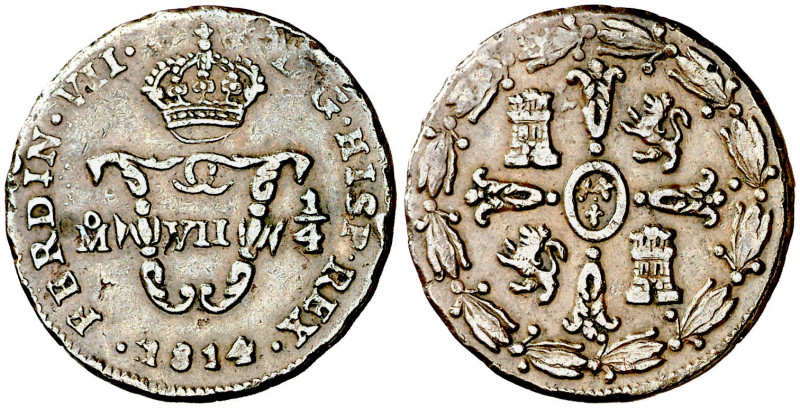 1814. Fernando VII. México. 1/4 detlaco. (AC. 106). Golpecitos. 3,53 g. MBC-/MBC...