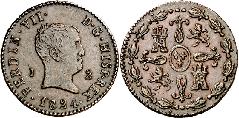 1824. Fernando VII. Jubia. 2 maravedís. (AC. 136). Tipo "cabezón". En reverso, 3...