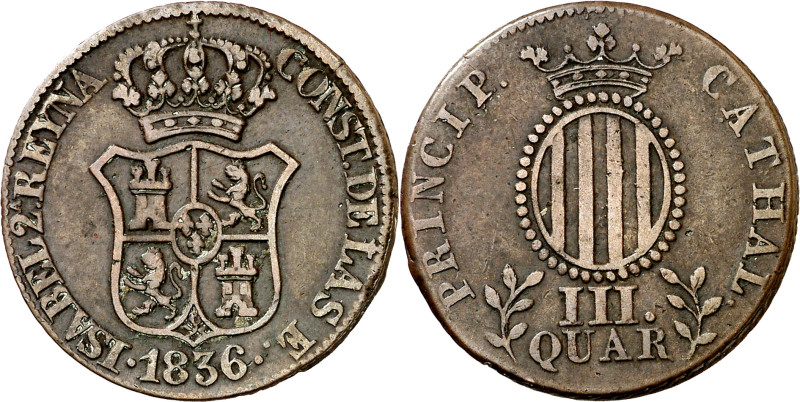 1836. Isabel II. Barcelona. 3 cuartos. (AC. 1). III CUAR CATHAL. Leves golpecito...