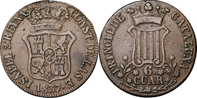 1837. Isabel II. Barcelona. 6 cuartos. (AC. 17). 13,87 g. MBC.