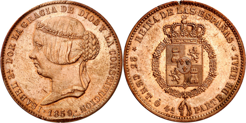 1859. Isabel II. Madrid. 25 céntimos de real. (AC. 185). Prueba no adoptada de F...