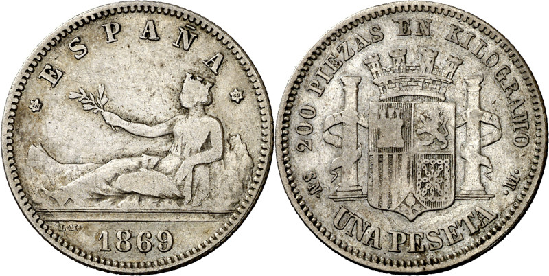 1869*1869. Gobierno Provisional. SNM. 1 peseta. (AC. 17). ESPAÑA. Estrellas bien...