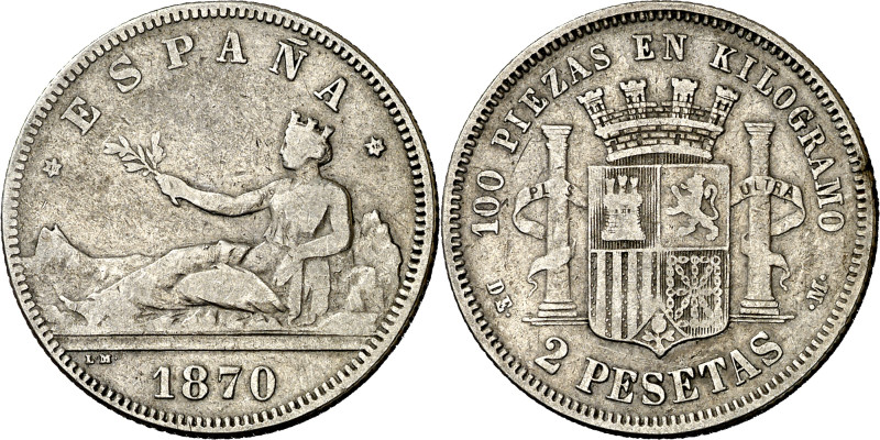 1870*1818. I República. DEM. 2 pesetas. (AC. 27). Raro error en estrella. 9,80 g...