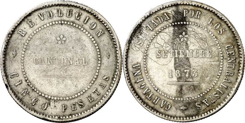 1873. Revolución Cantonal. Cartagena. 5 pesetas. (AC. 7). Coincidente. 80 perlas...