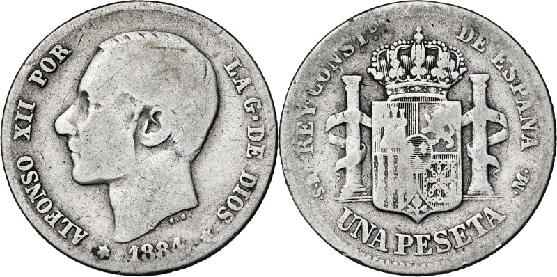 1884*----. Alfonso XII. MSM. 1 peseta. (AC. 23). Rara. 4,69 g. BC-.