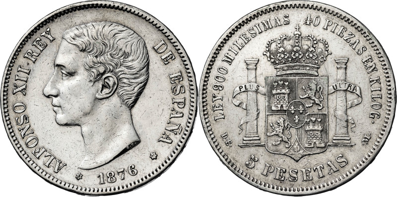 1876*1876. Alfonso XII. DEM. 5 pesetas. (AC. 37). Limpiada. 24,93 g. (MBC-).