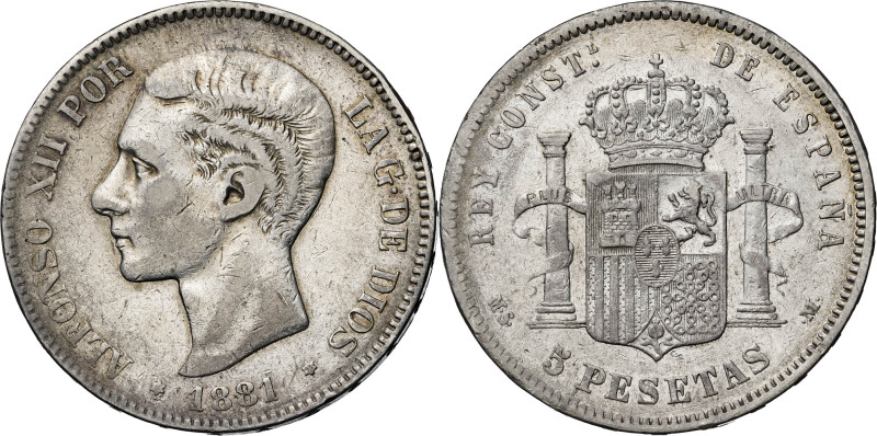 1881*--81. Alfonso XII. MSM. 5 pesetas. (AC. 44). Escasa. 24,78 g. BC/MBC-.