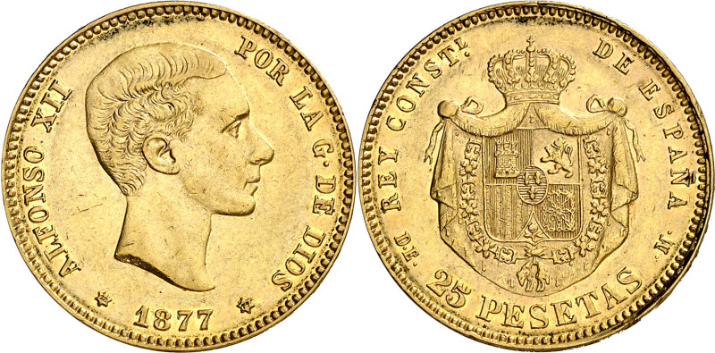 1877*1877. Alfonso XII. DEM. 25 pesetas. (AC. 68). Golpecitos. 8,05 g. EBC.