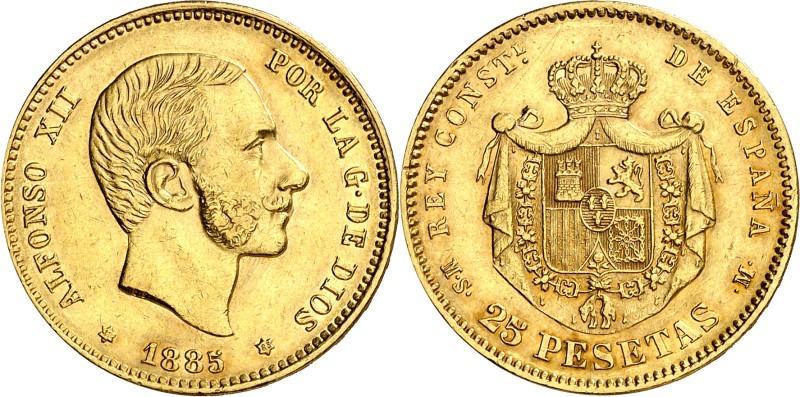 1885*1885. Alfonso XII. MSM. 25 pesetas. (AC. 90). Marquita en el canto del reve...