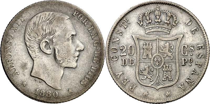 1880 Alfonso XII. Manila. 20 centavos. (AC. 103). Escasa. 5,07 g. MBC-/BC+.