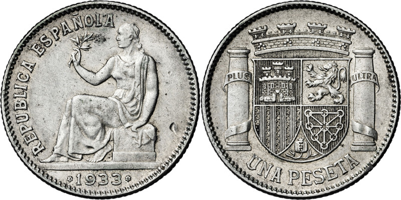 1933*34. II República. 1 peseta. (AC. 35). Reverso girado 90º. Golpe en anverso....