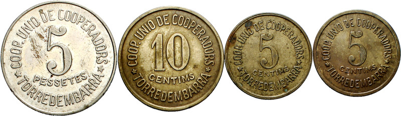 Torredembarra. Cooperativa Unió de Cooperadors. 5 (dos), 10 céntimos y 5 pesetas...