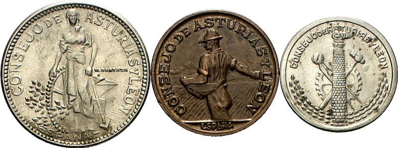 Asturias y León. 50 céntimos, 1 y 2 pesetas. (AC. 8 a 10). 3 monedas, serie comp...