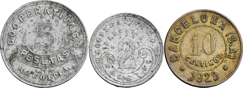 Azcoitia (Guipúzcoa). Cooperativa. 10 céntimos, 2 y 5 pesetas. 3 monedas, la de ...