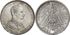 Alemania. Prusia. 1914. Guillermo II. A (Berlín). 3 marcos. (Kr. 536). Golpecitos. AG. 16,69 g. EBC-.