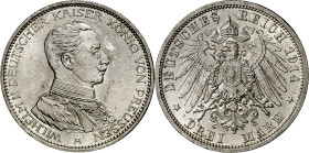 Alemania. Prusia. 1914. Guillermo II. A (Berlín). 3 marcos. (Kr. 536). Bella. AG. 16,67 g. S/C-.