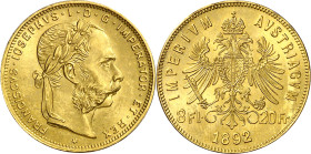 Austria. 1892. Francisco José I. 8 florines / 20 francos. (Fr. 502R) (Kr. 2269). AU. 6,46 g. S/C-.
