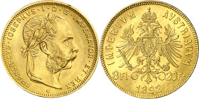 Austria. 1892. Francisco José I. 8 florines / 20 francos. (Fr. 502R) (Kr. 2269). AU. 6,44 g. S/C-.