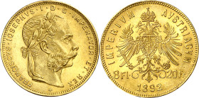 Austria. 1892. Francisco José I. 8 florines / 20 francos. (Fr. 502R) (Kr. 2269). AU. 6,45 g. S/C-.