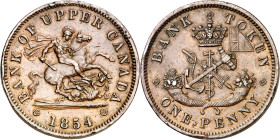 Canadá. Alto Canadá. 1854. 1 penique (token). (Kr. Tn3). Golpecitos. Buen ejemplar. CU. 16 g. MBC+.