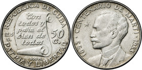 Cuba. 1953. República de Cuba (1915-1961). 50 centavos. (Kr. 28). Centenario del nacimiento de José Martí. AG. 12,78 g. EBC-.